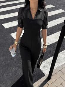 Firerie Bộ jumpsuit nữ thanh lịch, tối giản, phong cách công sở thành thị hiện đại, kẻ sọc, kiểu dáng 2 trong 1, tay ngắn, cạp cao, ống rộng, màu đen, thích hợp cho mùa xuân/hè. - màu đen - Xem 3