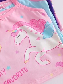 8 件套女童幼儿圆领白色粉色浅蓝色和紫色多巴胺色卡通独角兽爱心月亮星星和花卉印花内衣，包括舒适轻盈的针织打底衫和配套的弹力平角内裤，适合夏季日常穿着，饰有可爱的蝴蝶结细节和时尚的可机洗柔软面料。 - 藍色 - 查看 3