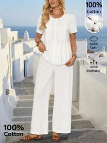 Faunlyn Bộ áo sơ mi và quần thiết kế xếp ly thường ngày. - trắng - Xem 3