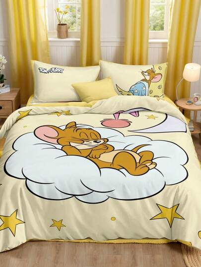 TOM & JERRY X SHEIN 3Pc Yellow Star Full Print Pattern Quilt Cover Set (1 Quilt Cover + 2 Pillowcases Without Core), Mouse Pattern, Microfiber Material, Soft And Warm, Multiple Sizes, Suitable For Single Bed/Double Bed/Queen Bed/King Bed, Retro Bedding, Cute Decoration