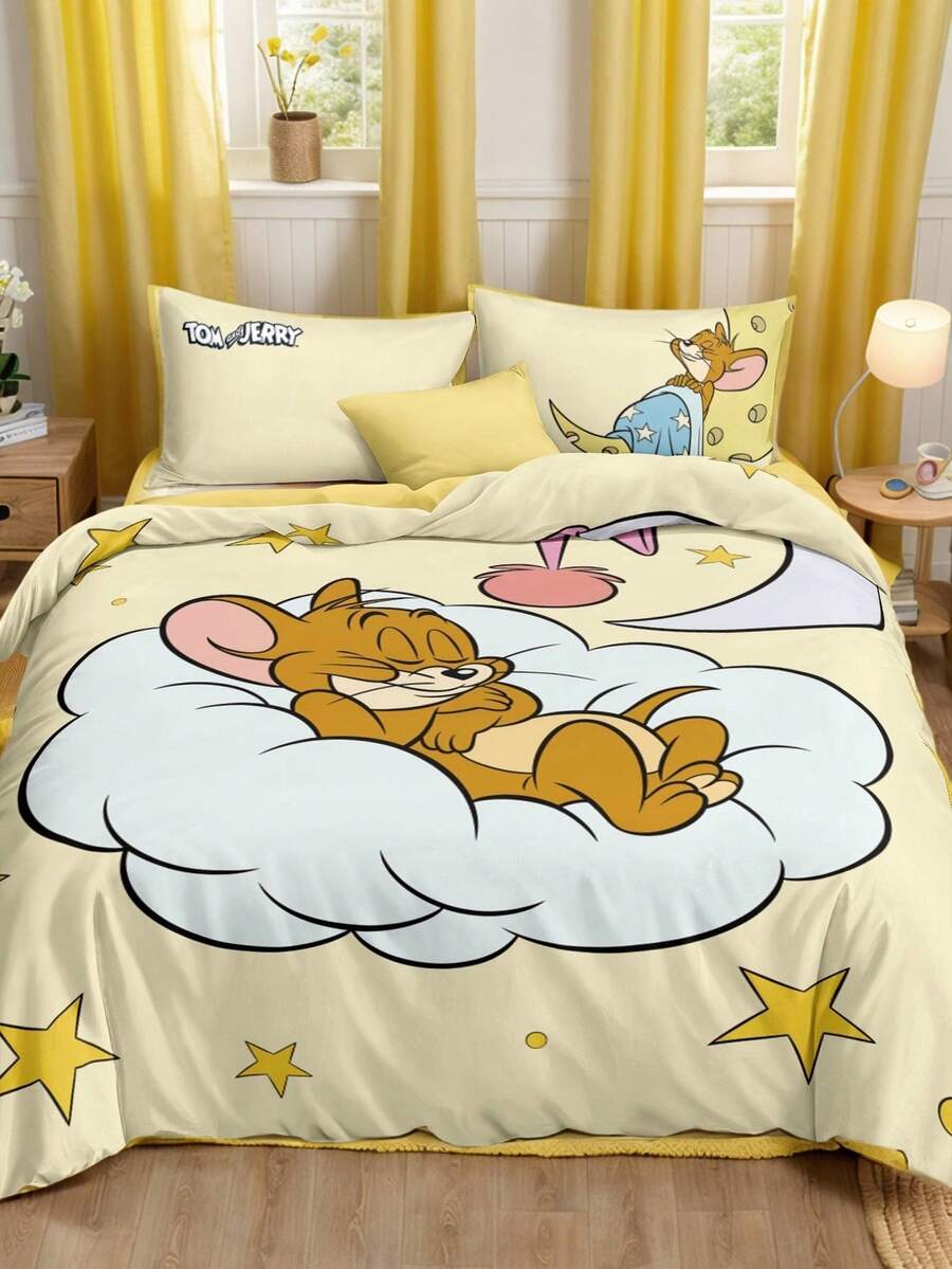 TOM & JERRY X SHEIN Bộ 3 món ga trải giường in hình ngôi sao vàng (1 ga trải giường + 2 vỏ gối không kèm ruột), họa tiết chuột, chất liệu microfiber, mềm mại và ấm áp, nhiều kích cỡ, phù hợp cho giường đơn/giường đôi/giường cỡ Queen/giường cỡ King, bộ đồ giường phong cách retro, trang trí dễ thương. - Màu vàng - Xem 1