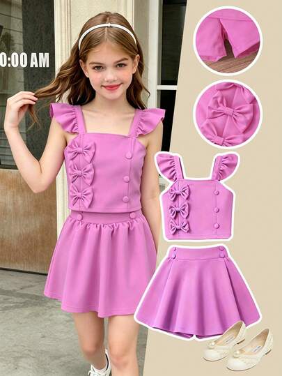 Elladie kids Bộ áo và quần short màu vàng bơ kiểu công chúa ngọt ngào cho bé gái, thích hợp cho mùa xuân/hè, áo tay loe nhiều lớp với khuy cài và nơ, gồm 2 món, phù hợp mặc hàng ngày và các bữa tiệc nhỏ.
