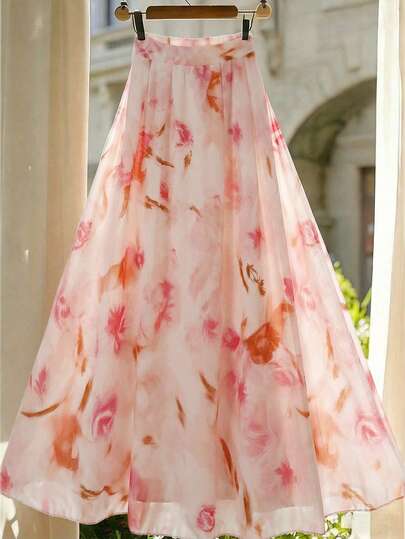 GlowEve Romantic Elegant Tie Dye Floral Print Vacation Design Commuter Skirt For Women