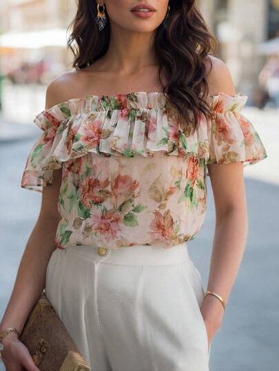 Balvessa Floral Print Off Shoulder Ruffled Sheer Flowy Blouse For Women