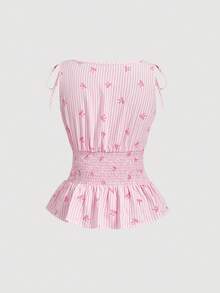 SHEIN MOD Top damă cu dungi roz, imprimeu cu funde, legături la umeri, cu peplum smocked, maiou elegant de vară fără mâneci, bluză roz în carouri cu tiv și volane, vestă Coquette - Roz - Vizualizare 2
