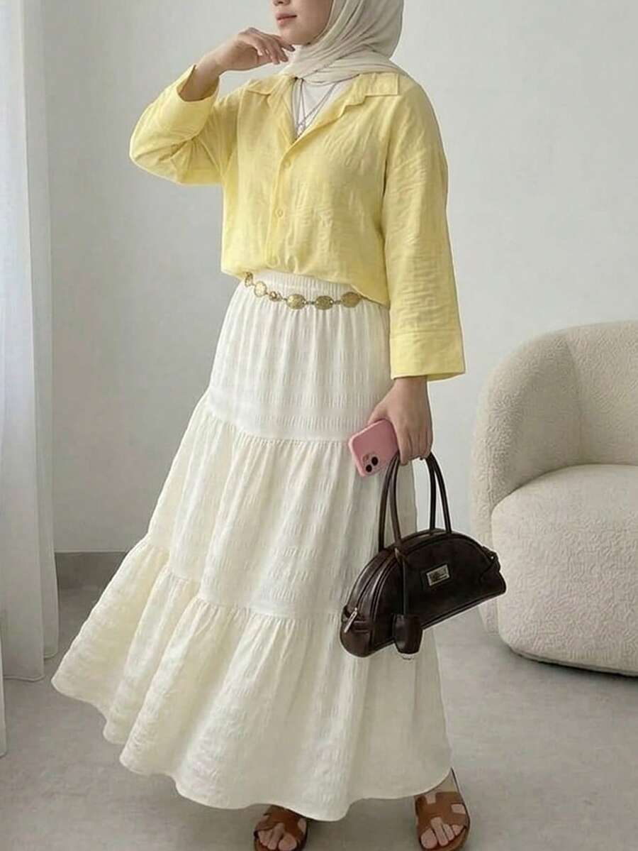 Solavon Solid Drop Shoulder Shirt,Long Sleeve Tops - Yellow - View 1