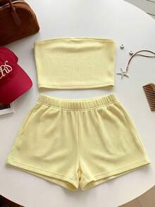 Comfortcana 女士纯色抹胸上衣和松紧腰短裤两件套休闲套装 - 黃色 - 查看 5