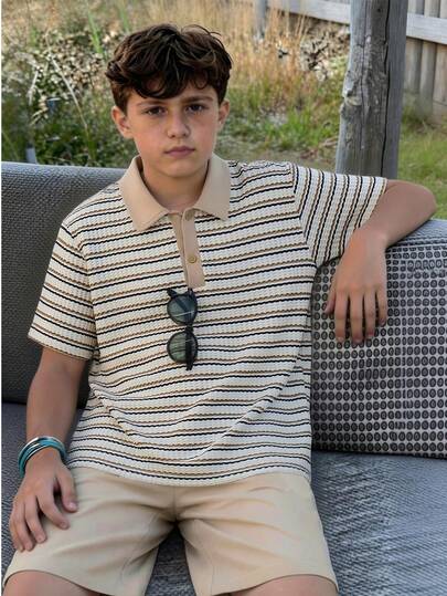 2pcs/Set Casual Minimalist Textured Striped Polo Shirt & Shorts Set For Teenage Boys, Loose Fit, Comfortable, Suitable For Autumn, Spring, Summer, Daily Wear, Commuting, Outdoor, Sports, School, Streetwear, Party, Photo Shoot