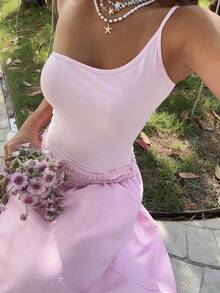 DAZY 春夏粉色露肩修身荷叶边连衣裙，度假风休闲沙滩长裙 - 粉色 - 查看 6