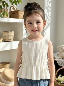 SHEIN 4-7 Years Old Girls' Textured Chiffon Round Neck Camisole Top With Bowknot Decor, Minimalist Sweet Style Summer Lightweight Outfit - Beige - View 1