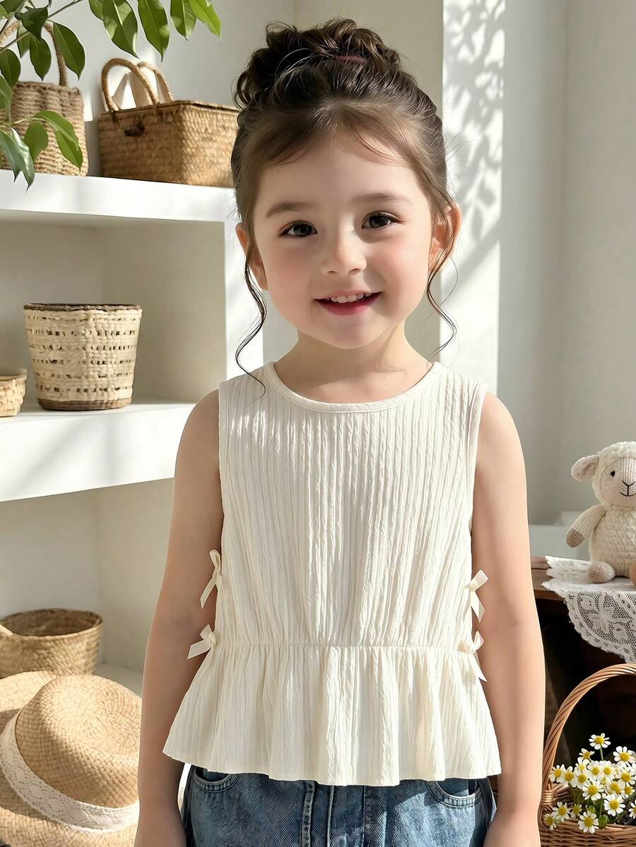 SHEIN 4-7 Years Old Girls' Textured Chiffon Round Neck Camisole Top With Bowknot Decor, Minimalist Sweet Style Summer Lightweight Outfit - Beige - View 1