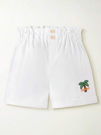 Casuvi Kids KIDS Girls Elastic Waist Ruched Shorts, Casual Sports Shorts With Cute Embroidered Coconut Tree Cartoon Pattern, Sweet And Lovely, Suitable For Home, Outdoor, Commute, Summer Holiday, Versatile Shorts, New Arrival