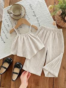 SHEIN LMoss Kids 2件套女婴纯色梭织吊带背心和裤子套装 - 卡其色 - 查看 1