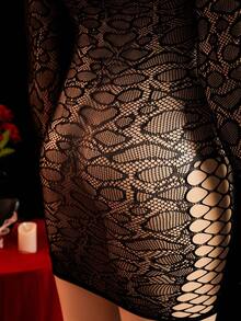 ChaseTheNight Plus Size Women Sexy Leopard Print Bodycon Dress, Black Seamless Sheer Mesh Lingerie - Black - View 10