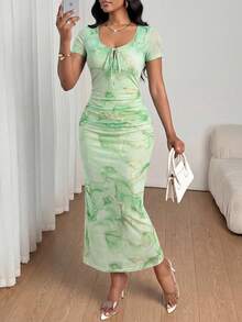 SHEIN Lady Đầm nữ họa tiết đá cẩm thạch, xếp ly, dáng dài ngang gối, tay ngắn, màu hồng, thích hợp cho các bữa tiệc sang trọng, mặc hàng ngày, bốn mùa, cỡ lớn, trang phục đi du lịch, trang phục mùa hè cho nữ, đầm midi, đầm sinh nhật & sự kiện / đầm công sở / đầm nhà thờ / đầm cưới / đầm nghỉ lễ / đầm dự tiệc cưới, đầm nữ thanh lịch, đầm sang trọng. - màu xanh lá - Xem 7