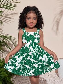 Young Girl Summer New Chiffon Floral Hollow-Out Bow Back Strap Dress, Suitable For Beach, Vacation, Outdoor Activities - Green - View 2