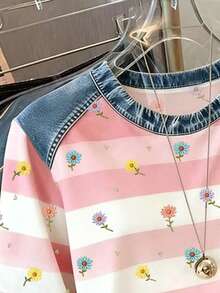 Resyla Áo thun nữ phong cách thường ngày và thời trang, phối họa tiết denim, kẻ sọc và in kỹ thuật số hình quả anh đào, cổ tròn. - Hồng - Xem 5