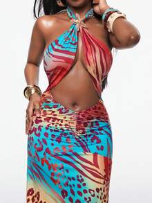 Coolane Vestido de Praia Sexy com Decote Nas Costas e Amarração na Frente, Estampa Gradiente Animal com Decoração de Estrela-do-mar Metálica, para Férias - Multicolorido - Visão 6
