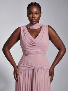 Elitara Elegant Formal Evening Party Light Pink Spring Wedding Bridesmaid Dresses For Women,High-Stretch Knit Mesh Plunging Neckline Twist Ruffle Dress - Pink - View 7