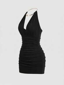 Sweetra Vestido ajustado de Body con cuello en V y diseño de gargantilla metálica, negro, primavera/verano - Negro - Ver 3