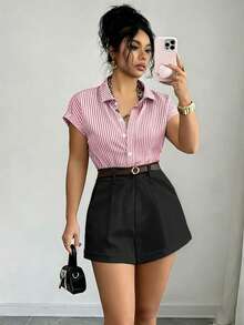 SHEIN Raffinéa Conjunto de 2 piezas para mujer con bloque de color contrastante, rayas, cuello de solapa y pliegues en la cintura, de manga corta - Rojo - Ver 5