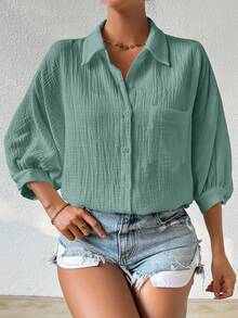 SHEIN Camisa de verano de botones delanteros suelta, cómoda y transpirable, de unicolor y textura - Verde - Ver 4