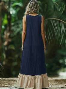 SHEIN LUNE V领刺绣拼接荷叶边连衣裙，春夏休闲度假装 - 彩色 - 查看 2