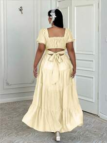 Lyrianda Plus Size French Ruffle Bow Tie Waist Spring/Summer Regular Dress Tea Party Vacation White Cottagecore - Apricot - View 2
