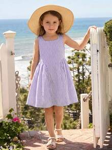 Emery Rose Kids Emery Rose Kids 少女编织条纹休闲度假蝴蝶结吊带连衣裙 - 淡紫色 - 查看 7