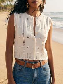 DAZY Women's Hollow Out Casual Crew Neck Cropped Knit Top Summer - Apricot - View 11