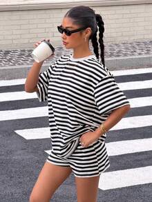 SHEIN Muchic Women's 2-Piece 95%Cotton Loungewear Set - Black & White Striped Short Sleeve T-Shirt + Shorts, Casual Sleepwear Pajama Set For Home & Daily Wear - Black and White - View 5