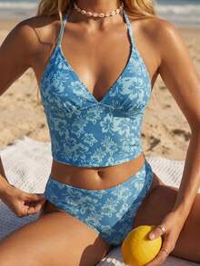 SHEIN Swim Vcay Bộ đồ hai mảnh gồm áo ba lỗ và bikini màu xanh bạc hà in hoa dành cho nữ, mã 26SS, thích hợp cho kỳ nghỉ hè. - Nhiều màu - Xem 9
