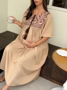 Đầm bầu thanh lịch với tay áo xếp ly buộc dây, dáng dài, thích hợp cho mùa xuân/hè. - Màu Khaki - Xem 7