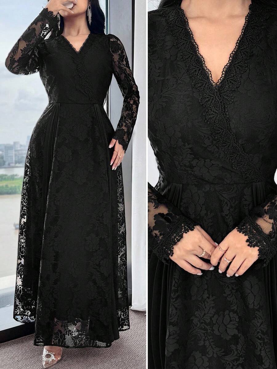 Feyla 女士花卉蕾丝 V 领长袖中长连衣裙，优雅