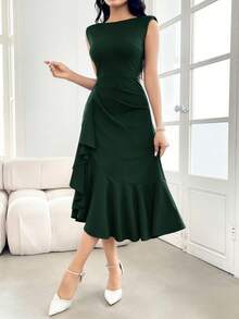 Modelyn Đầm suông đơn giản không tay màu trơn thanh lịch dành cho nữ - Màu xanh lá cây đậm - Xem 6