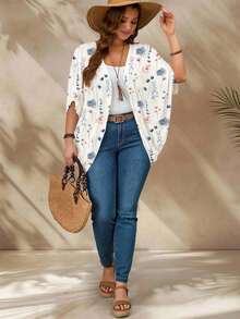 EMERY ROSE Chaqueta ligera de talla grande con estampado floral casual, adecuada para el verano - Multicolor - Ver 5