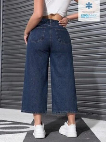 SHEIN EZwear 大码纯色休闲宽松高腰直筒牛仔裤 - 藍色 - 查看 2