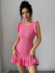 Selianne Đầm len dệt kim không tay ôm sát, viền bèo nhún dành cho nữ - Màu Hồng Tươi - Xem 3