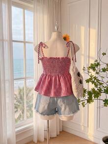 Comfortcana Plus Size Summer Vacation Ruffled Red Plaid Pinafore Camisole & Camisole - Red - View 2