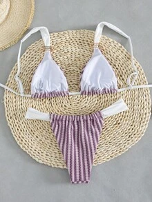 SHEIN Swim Vcay 女士春夏条纹提花面料撞色金属配饰宽肩带丁字裤比基尼套装 - 可爱休闲沙滩风 - 彩色 - 查看 2