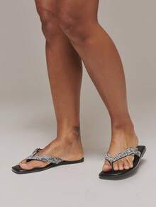 MUSERA Women's Square Toe Snake Print Thong Sandals - Gold Buckle Flat Flip Flops For Summer Beach - Black and White - View 1