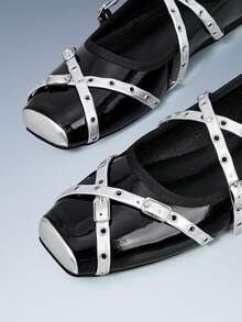 CUCCOO GRLICON Retro Style Brown Flat Ballet Shoes, Personalized Rivet Double Buckle With Square Toe Shoes, Versatile Commuter Low Vamp Shoes - Black - View 4