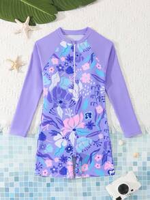 SHEIN Teen Girls' Floral Print Long Sleeve Romper Swimsuit,Pink Summer Beach Holiday Rashguard Full Coverage Bathing Suits For Swimming,Summer Vacation - Purple - View 1