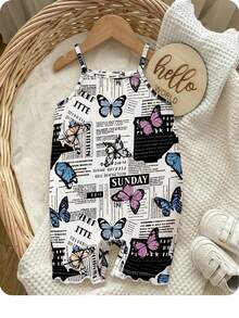 SHEIN Đứa bé gái Hình ảnh con bướm và khẩu hiệu Ren Mộc nhĩ Cami Romper - Nhiều màu - Xem 8