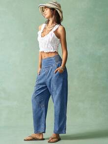 Bohemela Women's Solid Woven Denim Pants Vacation Light Blue Autumn Casual - Light Wash - View 3