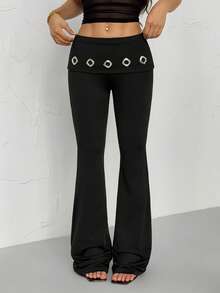 SHEIN PETITE Y2K Style Fashion Rebel Shiny Sexy Black Metal Decor Slim Fit Women's High Waist Pleated Hollow Design Flare Pants, Suitable For Winter And Summer - Black - View 8