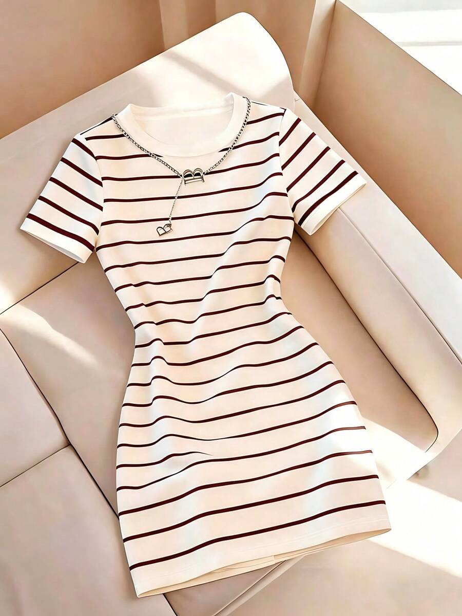 Airaco 女士圆领条纹休闲简约派对外出短裙 - 咖啡 - 查看 1