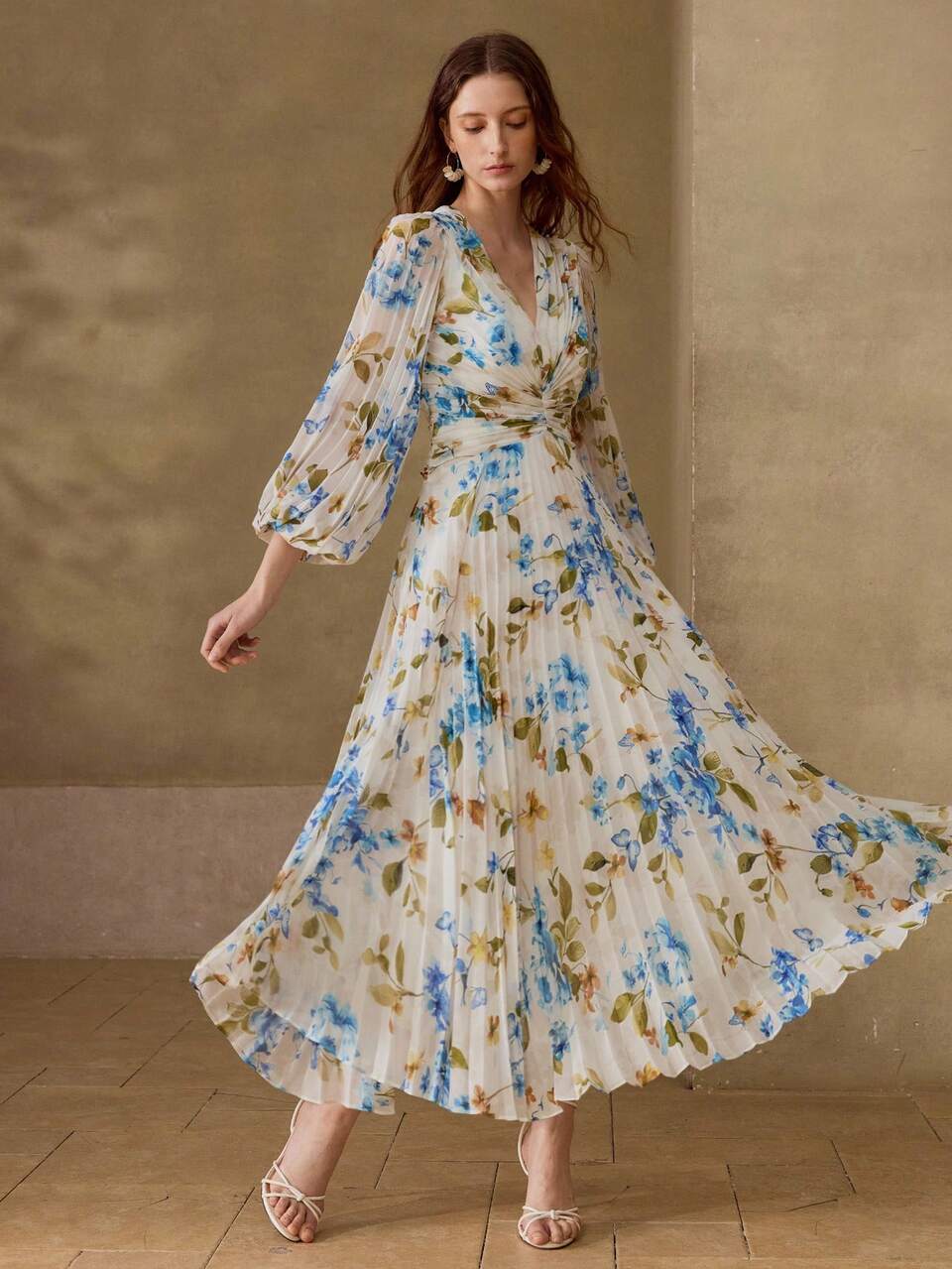MOTF WOMEN'S LONG SLEEVE PLEATED ROMANTIC CASUAL ELEGANT PRINTED MAXI DRESS AUTUMN WEDDING MOTHER OF THE BRIDE PARTY WHITE AND BLUE FLORAL