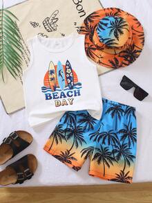 SHEIN Bộ 3 món mùa hè cho bé trai, họa tiết lướt sóng Hawaii/cây cọ/cá heo, áo ba lỗ không tay + quần short họa tiết cây cọ nhiệt đới ombre + mũ chống nắng cùng màu | Trang phục đi biển | Quần áo chơi nước | Bộ đồ ngoài trời cho bé 4-7 tuổi | Bộ quần short và mũ cho chuyến đi biển gia đình, trang phục mùa hè mát mẻ - Nhiều màu - Xem 3