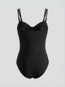 Bộ bikini buộc dây cổ yếm viền sọc dành cho thiếu nữ, thích hợp cho kỳ nghỉ hè trên bãi biển, kiểu dáng cổ yếm chữ V, viền vỏ sò kim loại và tua rua, chất liệu dệt kim, màu đen đơn giản. - màu đen - Xem 2